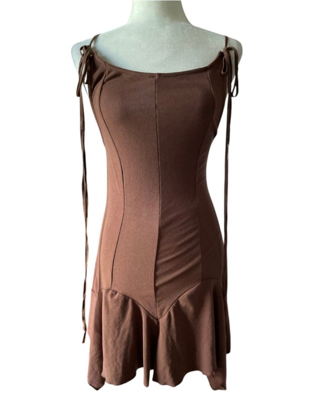 Free People Good Feels Pointed Drop-Waist Mini Dress SZ S Brown Fairy Dress boho - Picture 2 of 9